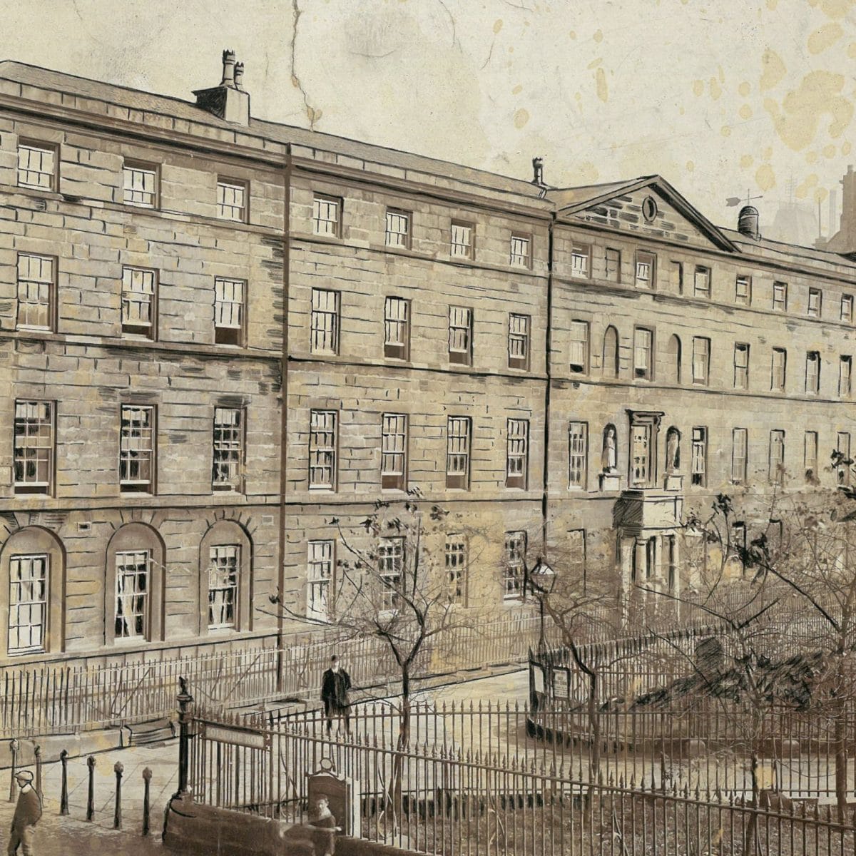 An etching of the original site of the Blue Coat School in 1910