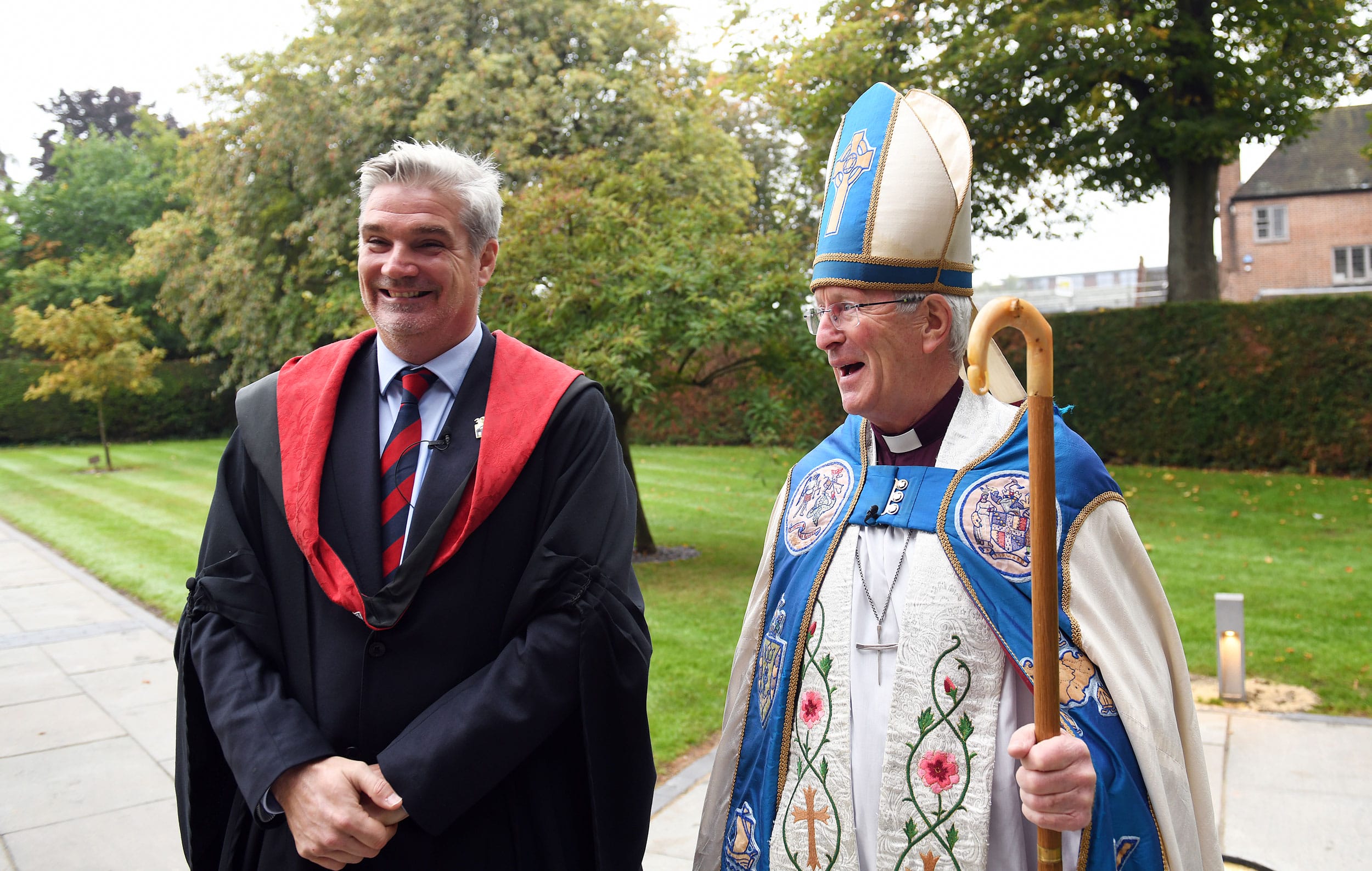 Headmaster of The Blue Coat School, Mr Noel Neeson, welcomes the Bishop of Birmingham.
